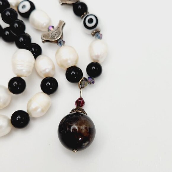 Genuine Pearl & Onyx Beaded 925 Sterling Silver Evil Eye Bird Cross Necklace - Picture 4 of 6